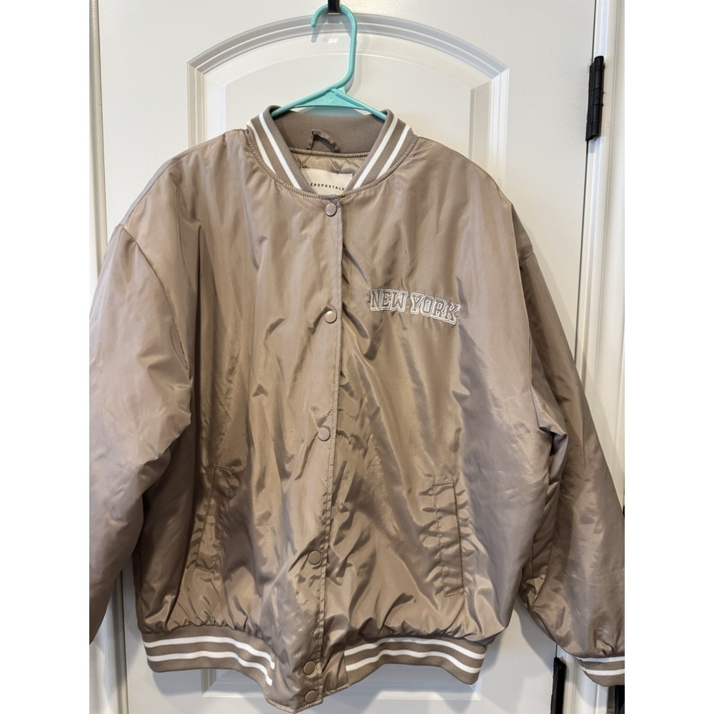 Aeropostale New York Varsity Jacket M Taupe Satin Bomber Snap Front